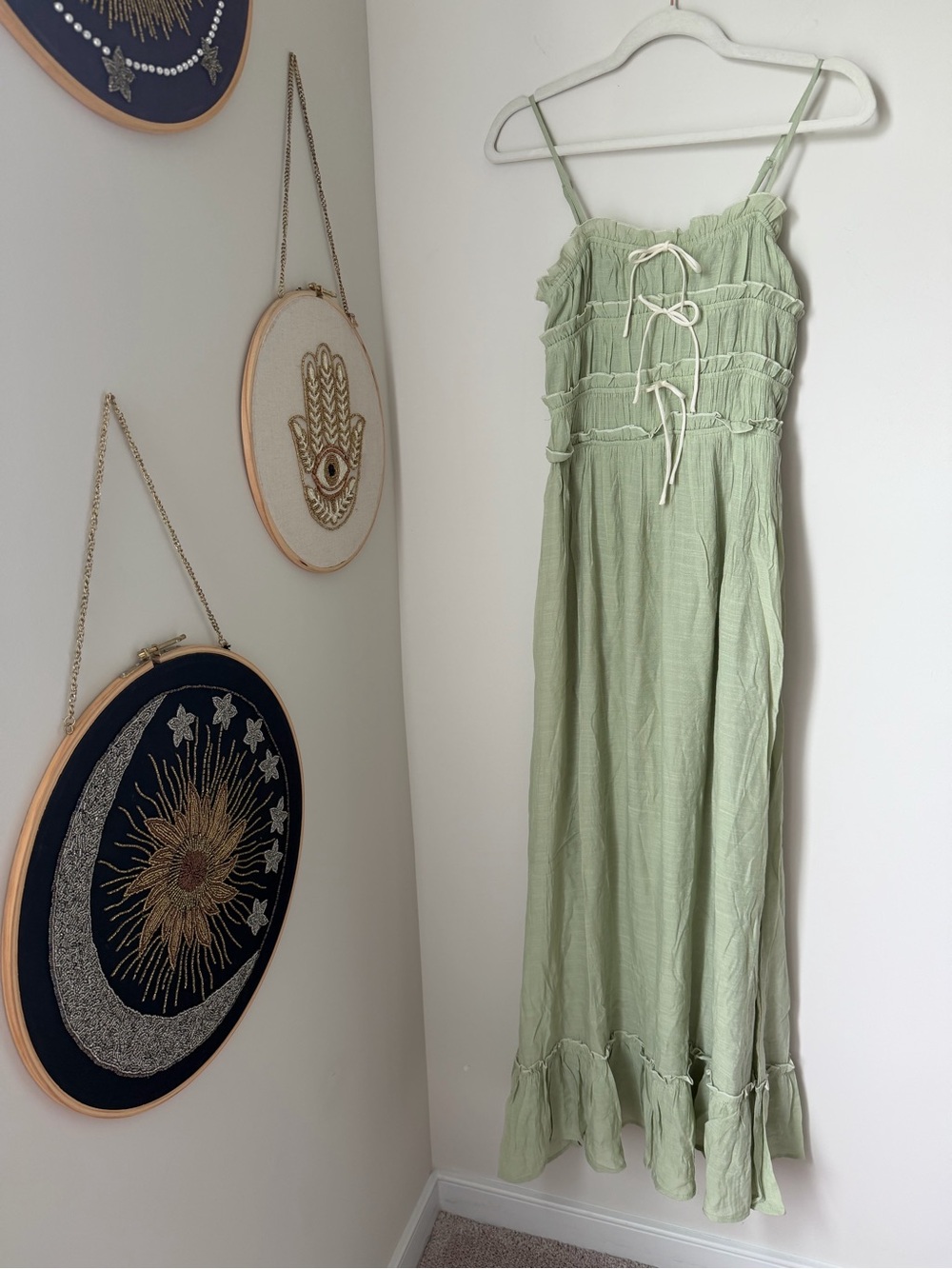 Sage Green cream trim spaghetti strap Maxi dress